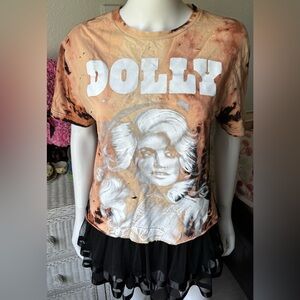 Dolly Parton Graphic Crop T-shirt tie dyed destroyed Raw Hem acid washed Size M
